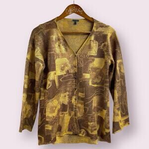 Metallic Gold Print Snap Front V Neck Cardigan Sweater Small Fitted